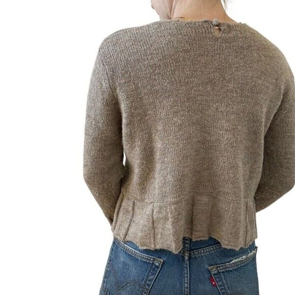 Vintage J. Jill Tan Brown Alpaca Wool Blend Cropped Boxy Ruffle Sweater Sz M - Picture 7 of 7